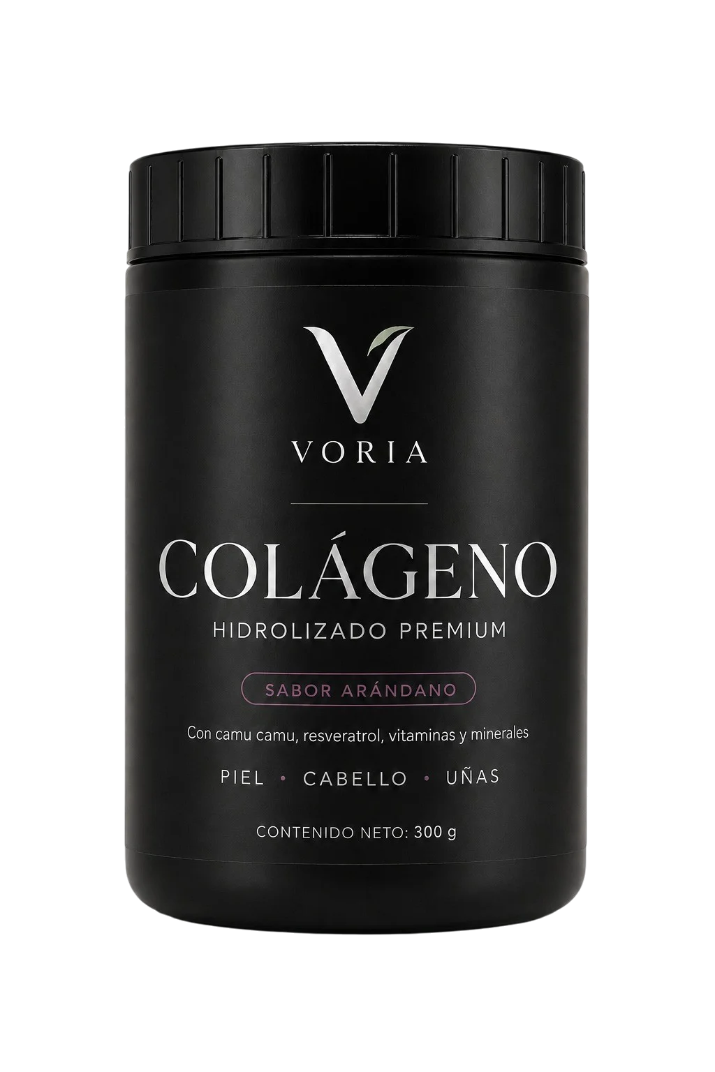 Envase de Colágeno Hidrolizado Premium Voria sabor arándano de 300 g con camu camu, resveratrol, vitaminas y minerales para piel, cabello y uñas.