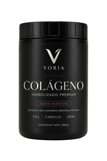 Envase de Colágeno Hidrolizado Premium Voria sabor arándano de 300 g con camu camu, resveratrol, vitaminas y minerales para piel, cabello y uñas.