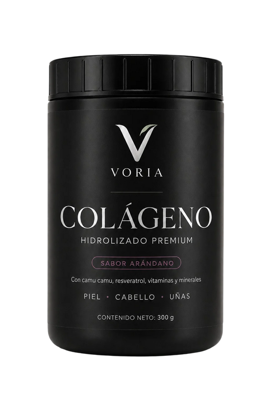 Envase de Colágeno Hidrolizado Premium Voria sabor arándano de 300 g con camu camu, resveratrol, vitaminas y minerales para piel, cabello y uñas.